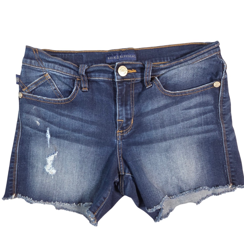 Rock & Republic Denim Shorts Women 8 Blue Excellent Hula Distressed Raw Hem Jean